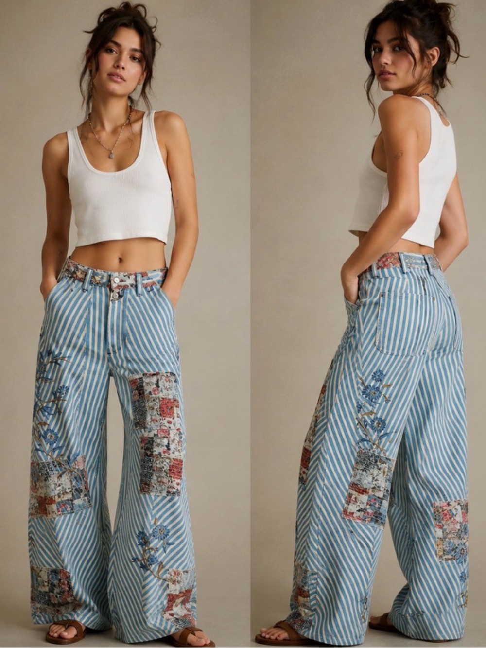 Free People Runyon Patched Striped Mid-Rise Wide-Leg Pants Size 8 waist 17’